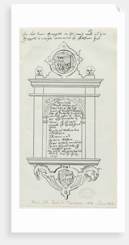 Rugeley Church - Monument to Rafe Weston: pen and ink drawing, 1836 by School English
