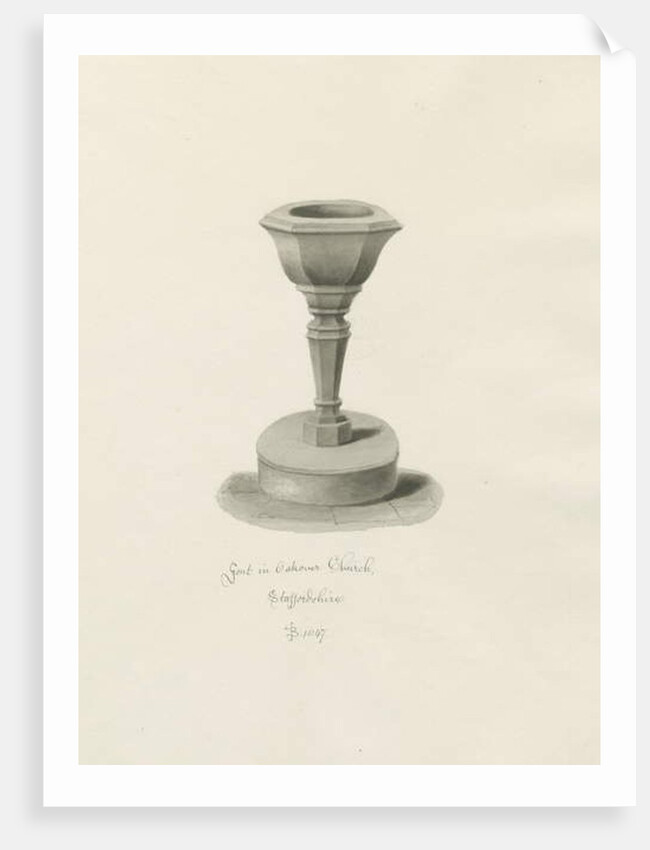 Font in Okeover Church: sepia drawing, 1847 by John Buckler
