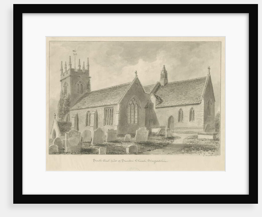 Sandon Church: sepia drawing, 1841 by George Buckler