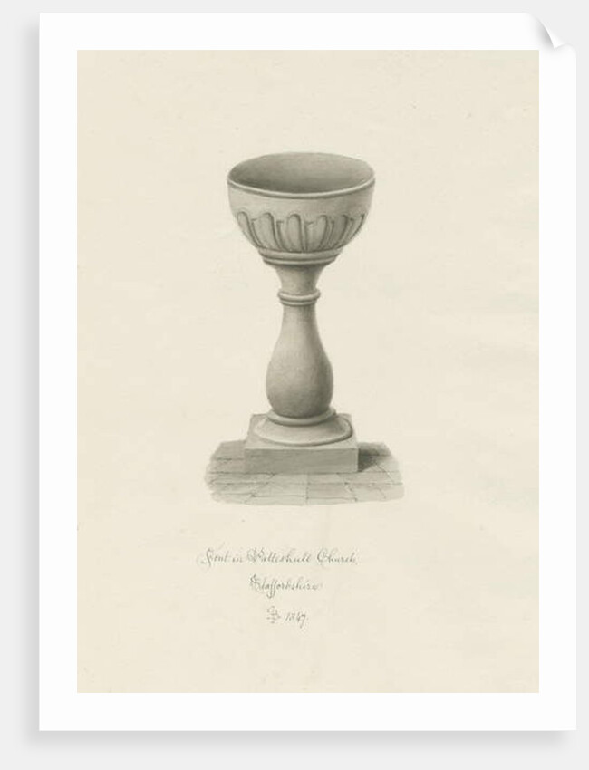 Font in Patshull Church: sepia drawing, 1847 by John Buckler
