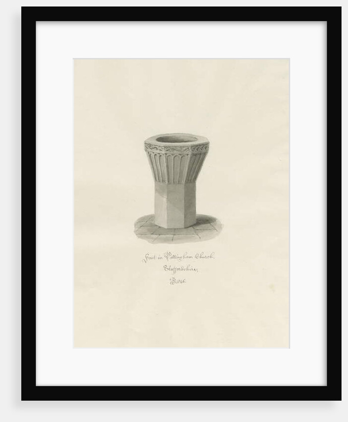 Font in Pattingham Church: sepia wash drawing, 1846 by John Buckler