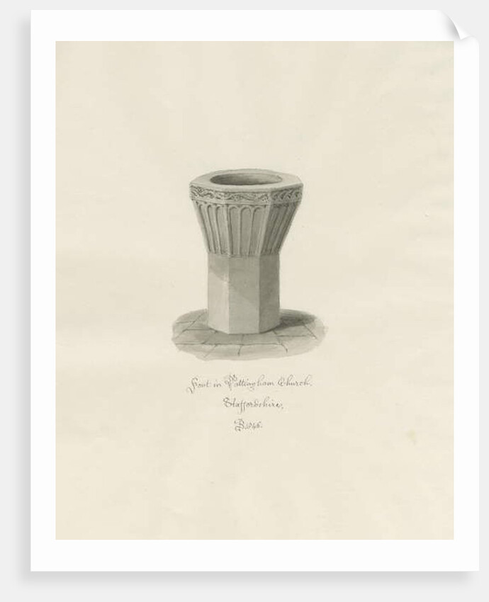 Font in Pattingham Church: sepia wash drawing, 1846 by John Buckler