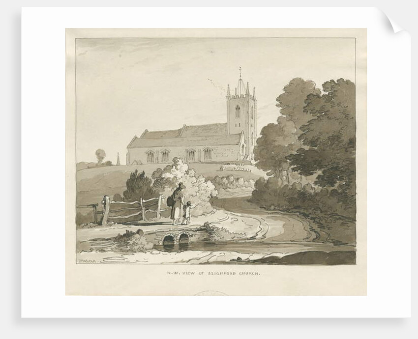 Seighford Church: sepia wash drawing, 1838 by Thomas Peploe Wood