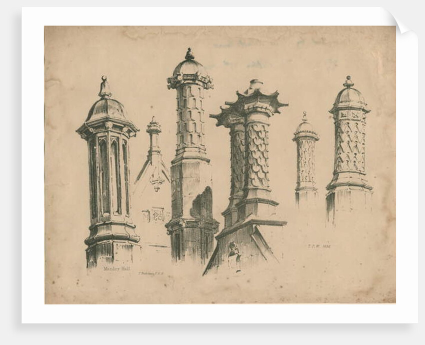 Thickbroom Hall ['Manley Hall'] - Finials and Chimneys: lithograph, 1838 by Thomas Peploe Wood