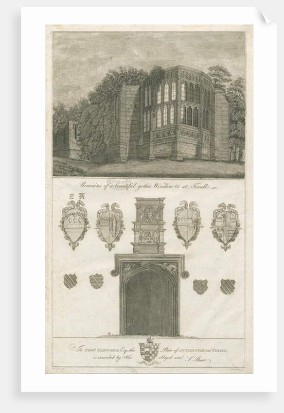 Tixall Hall - Gothic Window and Heraldic Antiquities: engraving by Stebbing Shaw
