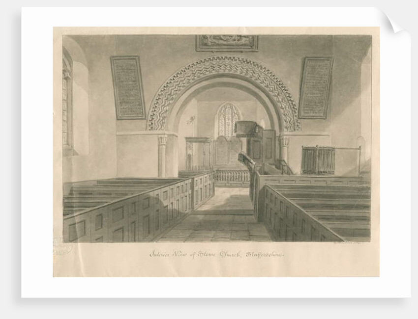 Interior of Stowe Church: sepia wash drawing, 1841 by George Buckler