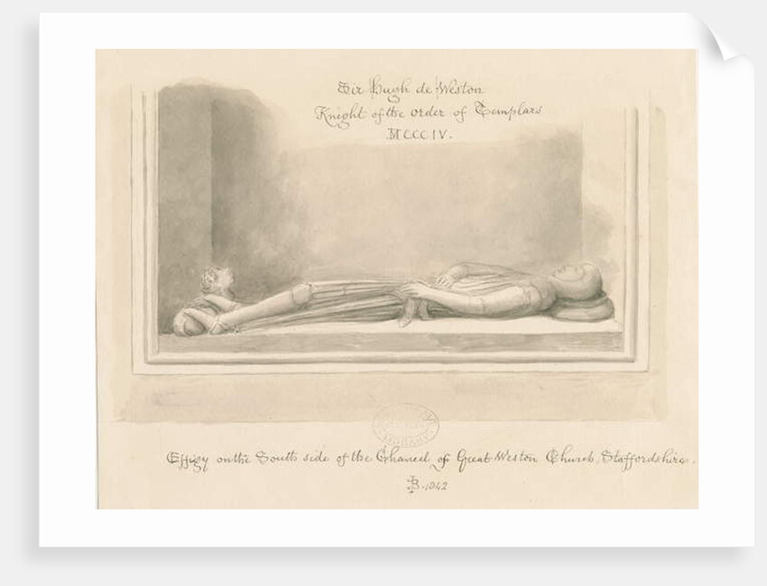 Weston-under-Lizard Church - Effigy of Sir Hugh de Weston: sepia drawing, 1842 by John Buckler