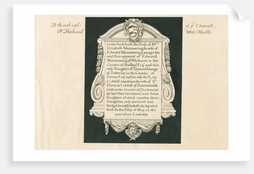 Whitmore Church - Tablet to Mrs. Elizabeth Mainwaring: pen and wash drawing, nd [19th cent] by John Robert Fernyhough