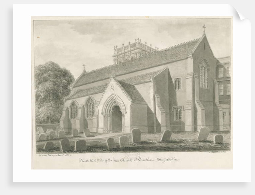 Trentham - New Church: sepia drawing, 1844 by John Buckler