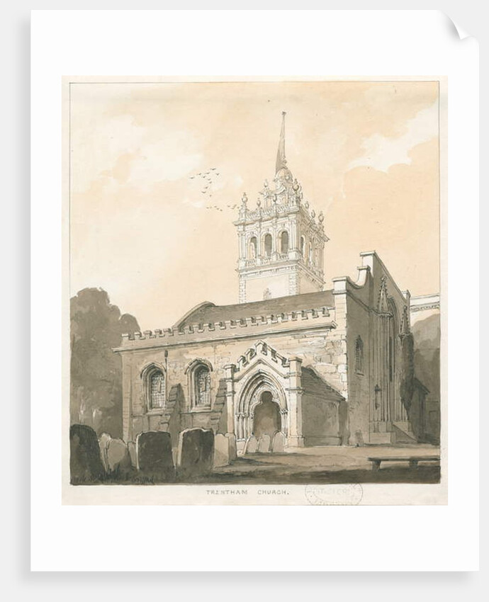 Trentham Church: sepia and yellow wash drawing by Thomas Peploe Wood
