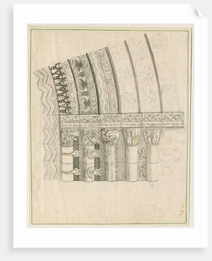 Tutbury Priory Church - West Doorway: pen and sepia drawing by Stebbing Shaw