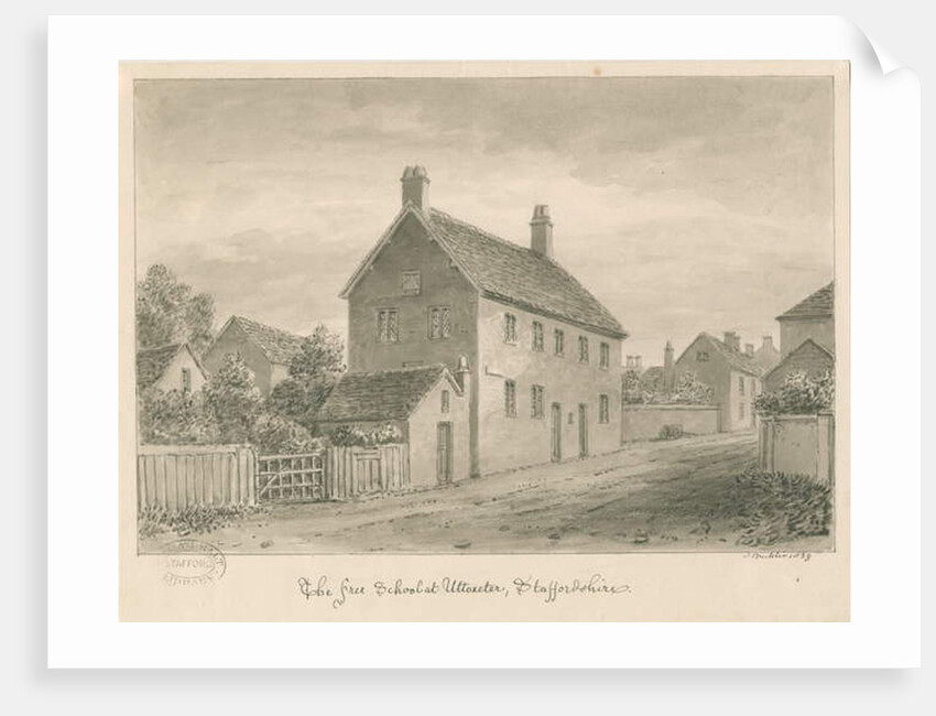Uttoxeter Town - Free School: sepia wash drawing, 1839 by John Buckler