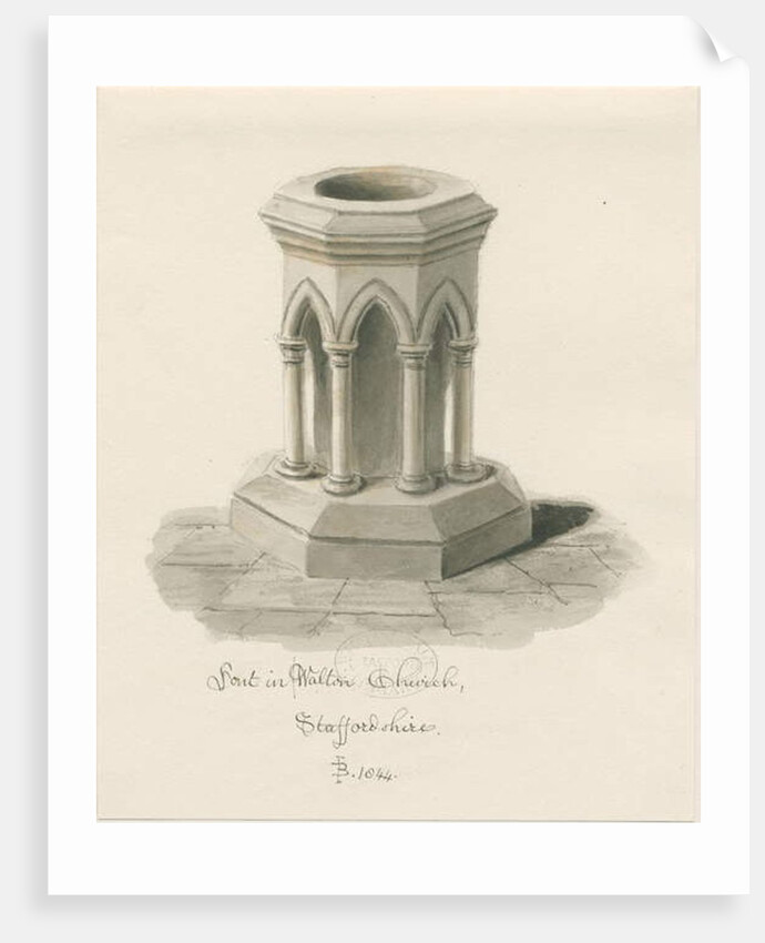 Font in Walton-on-the-Hill Church by John Buckler