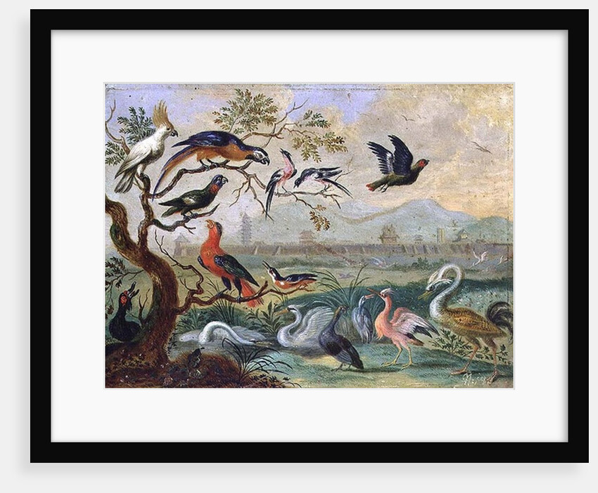 Birds from the Four continents in a landscape with a view of Peking in the background by Ferdinand van Kessel