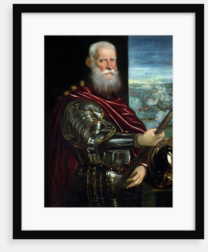 Portrait of Sebastiano Vernier Commander-in-Chief of the Venetian forces in the war against the Ottoman Empire with the battle of Lepanto in the background, c.1571 by Jacopo Robusti Tintoretto
