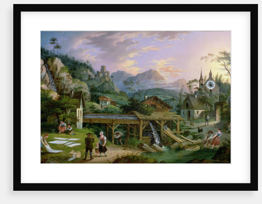 Picture Clock with scene of an Alpine village landscape with clock mechanism in church tower, 1833 by C. L. Hoffmeister