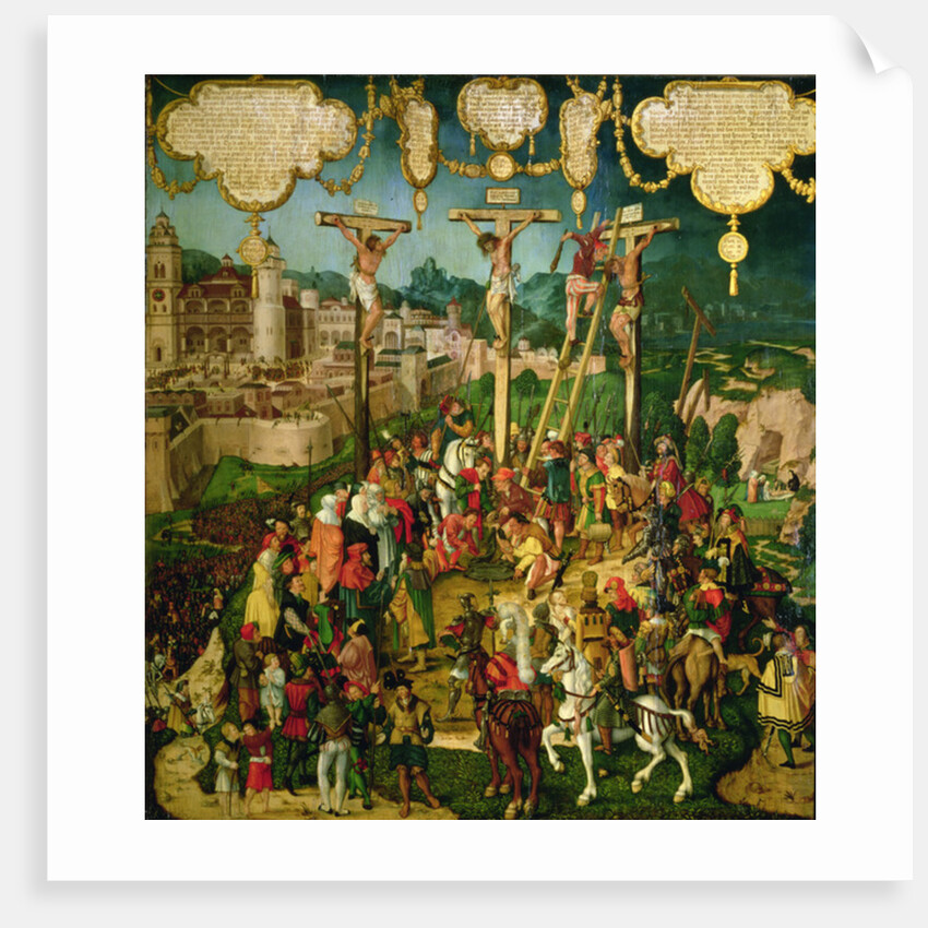 Crucifixion, central panel of the Mompelgarter Altarpiece by Matthias Gerung or Gerou