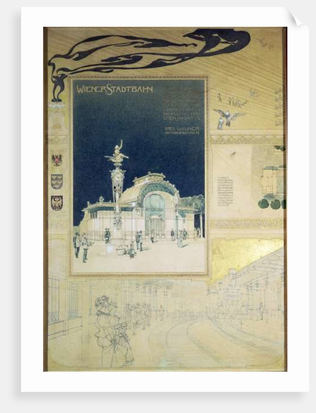 The Stadtbahn Pavilion of the Vienna Underground Railway, design showing the exterior and a view of the railway platform, c.1894-97 by Otto Wagner