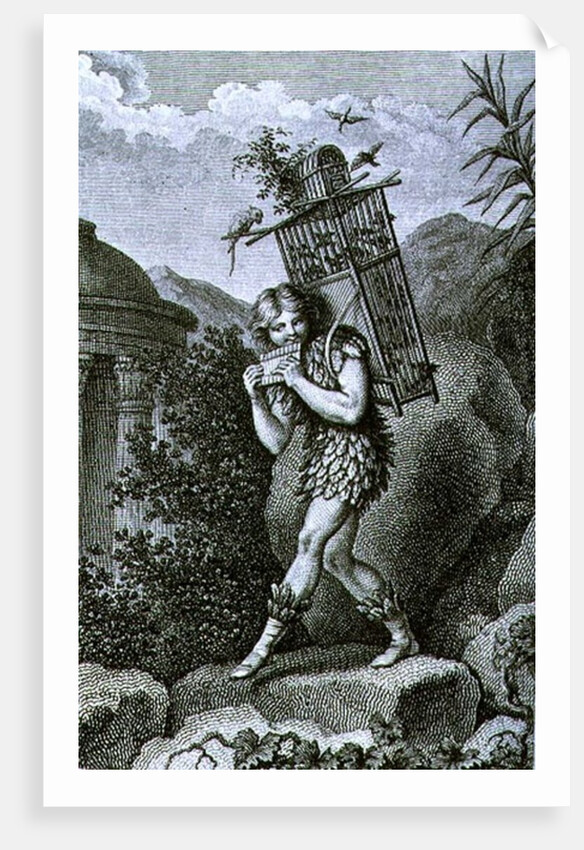 Papageno: 'I am the birdcatcher, yes! Always cheerful, fiddle-di-i, fiddle-di-da!' by Johann Heinrich (after) Ramberg