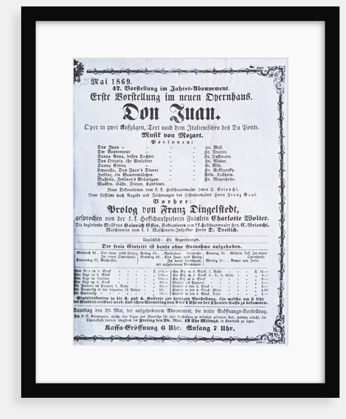 Poster advertising a performance of 'Don Juan' by Wolfgang Amadeus Mozart May 1869 by Austrian School