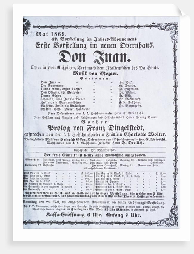 Poster advertising a performance of 'Don Juan' by Wolfgang Amadeus Mozart May 1869 by Austrian School