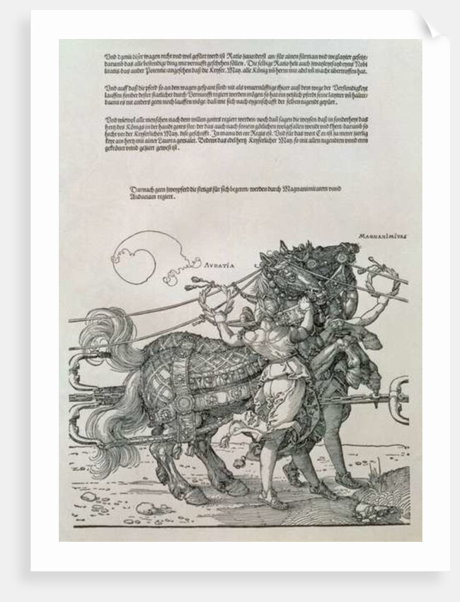 Triumphal Chariot of Emperor Maximilian I of Germany: detail of the horse teams, guided by two Virtues, Magnanimity and Audaciousness by Albrecht Dürer or Duerer