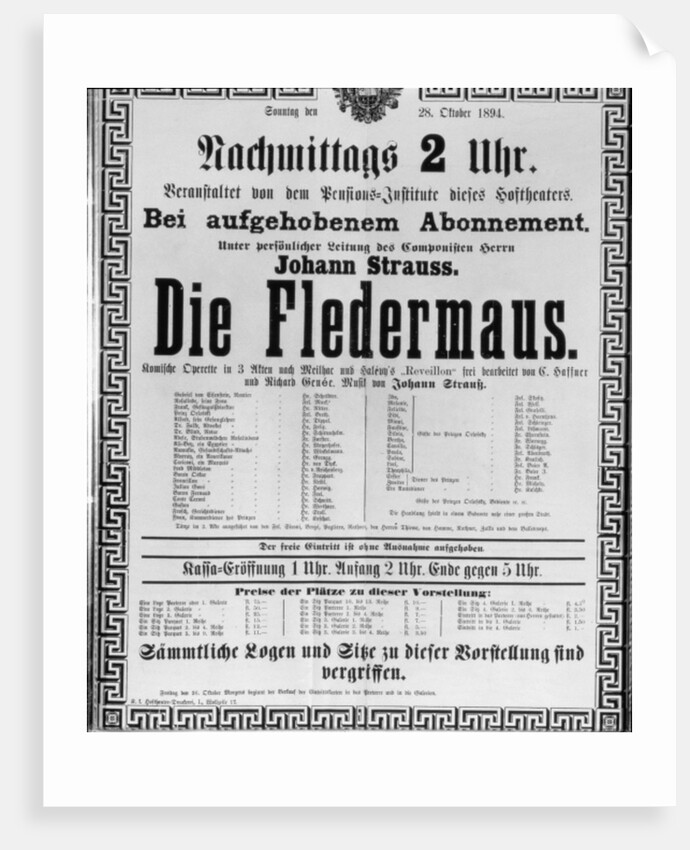 Poster advertising 'Die Fledermaus' by Johann Strauss the Younger by Austrian School