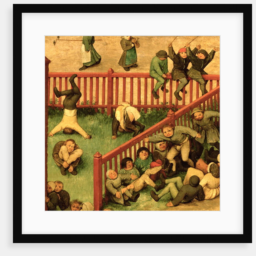 Children's Games: detail of left-hand section showing children running the gauntlet, doing gymnastics and balancing on a fence, 1560 by Pieter the Elder Bruegel