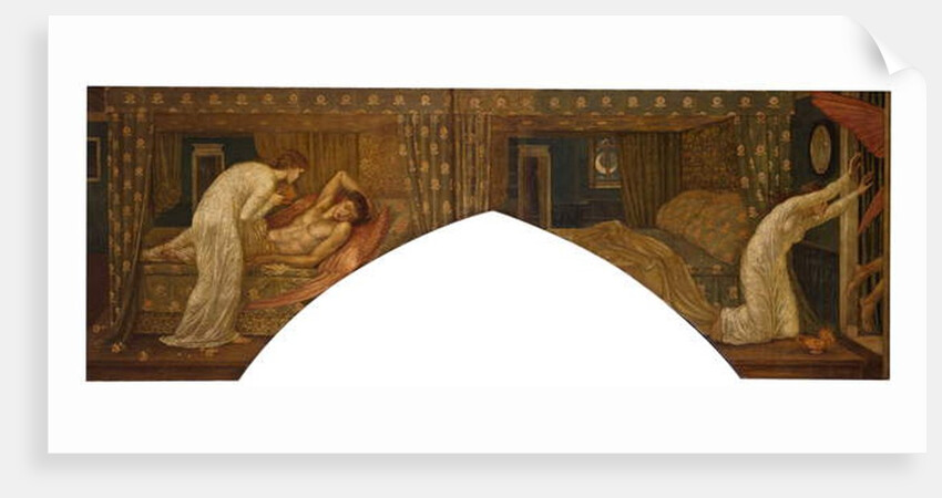 Cupid and Psyche - Palace Green Murals - Psyche holding the Lamp gazes on the Face of sleeping Cupid and Psyche abandoned, 1881 by Edward Coley Burne-Jones