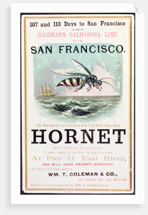 Poster advertising the 'Hornet' clipper ship from New York to San Francisco by American School