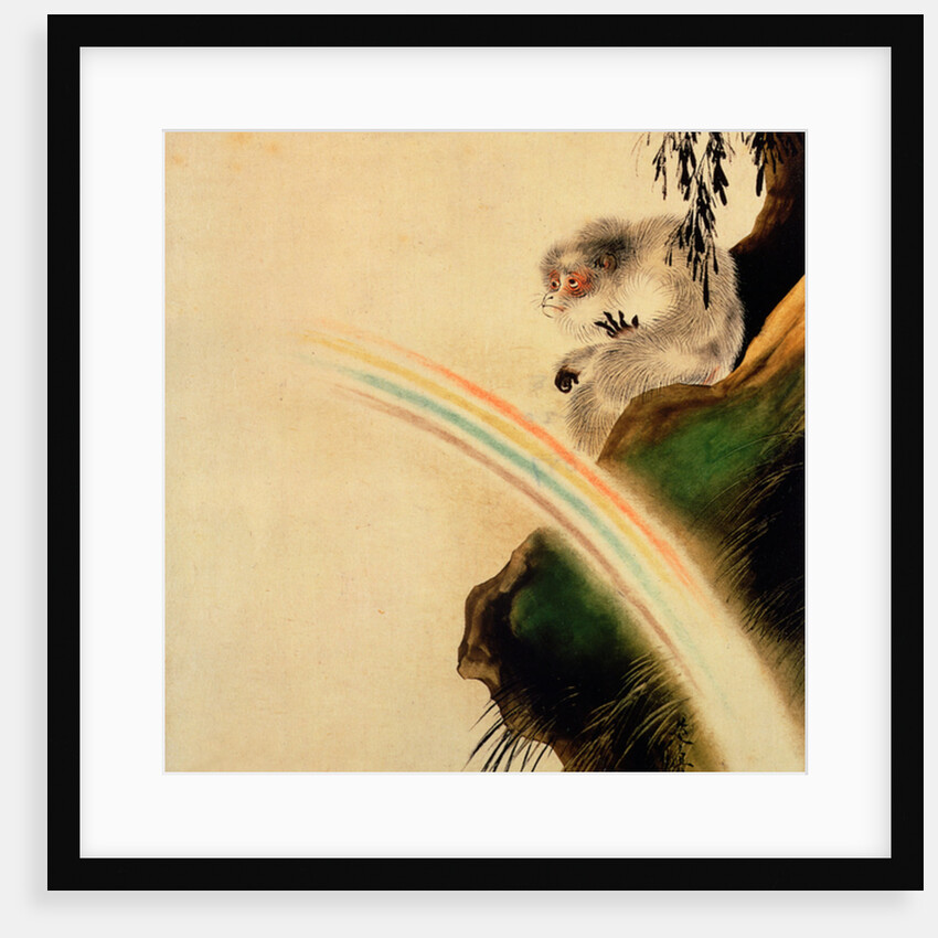 Gibbon seated on a rock with rainbow in foreground by Shibata Zeshin
