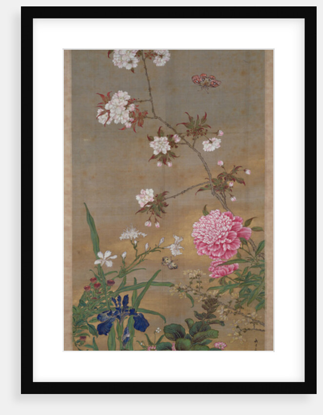 Peony, iris, cherry blossom and a butterfly, 1828 by Abe Kan Torin