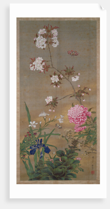 Peony, iris, cherry blossom and a butterfly, 1828 by Abe Kan Torin