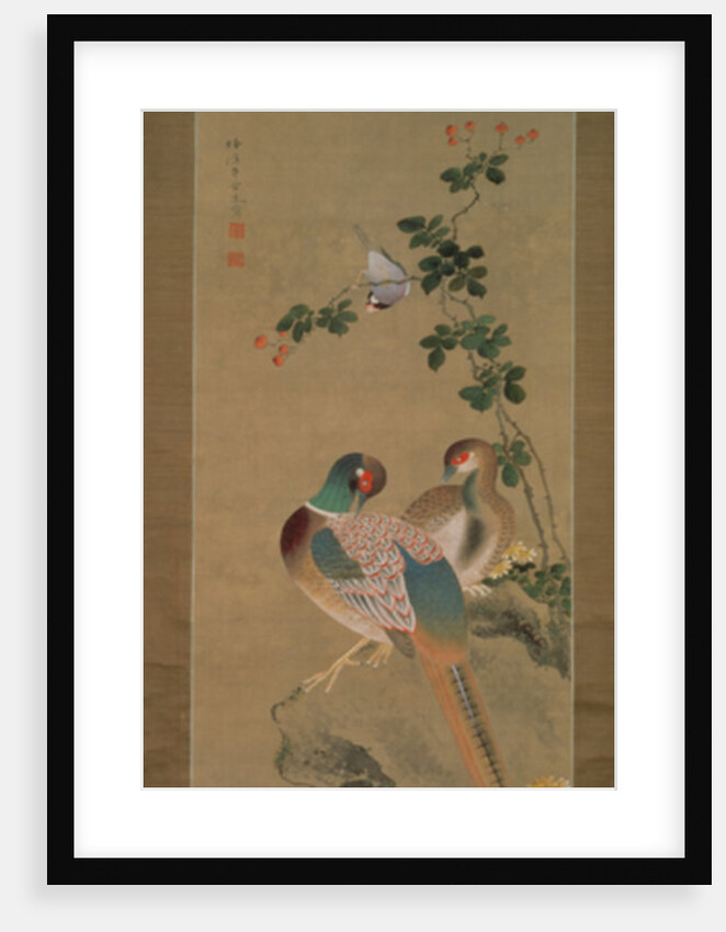 Pheasant, bullfinch, flowers and rock, c.1800 by Ariwara Baikei