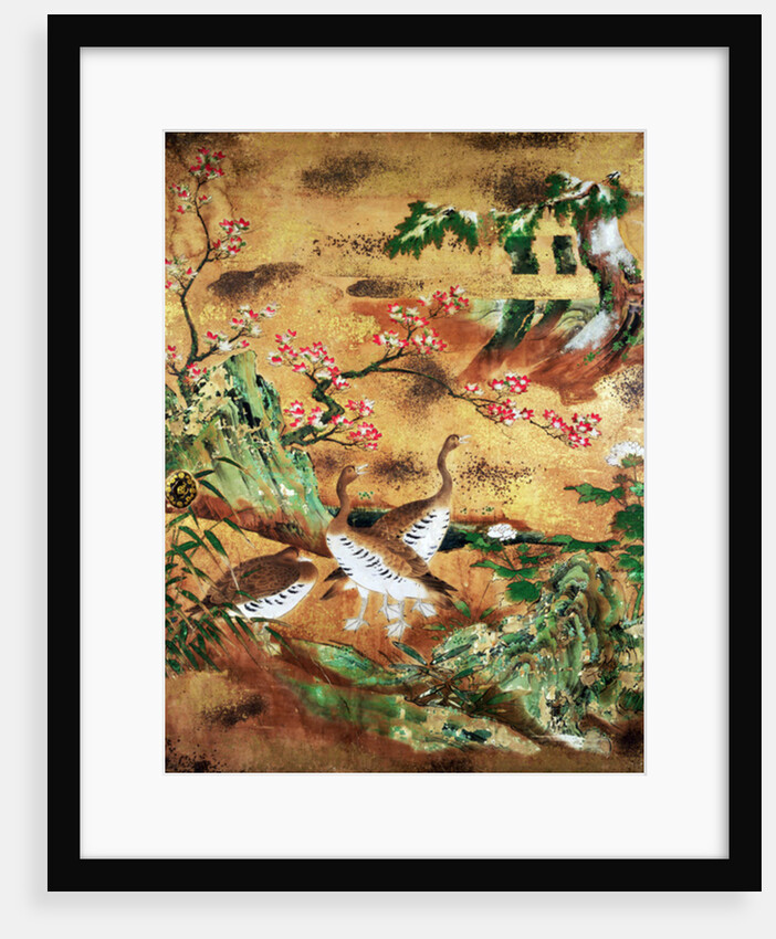 Birds and flowers sliding-door panel by Japanese School