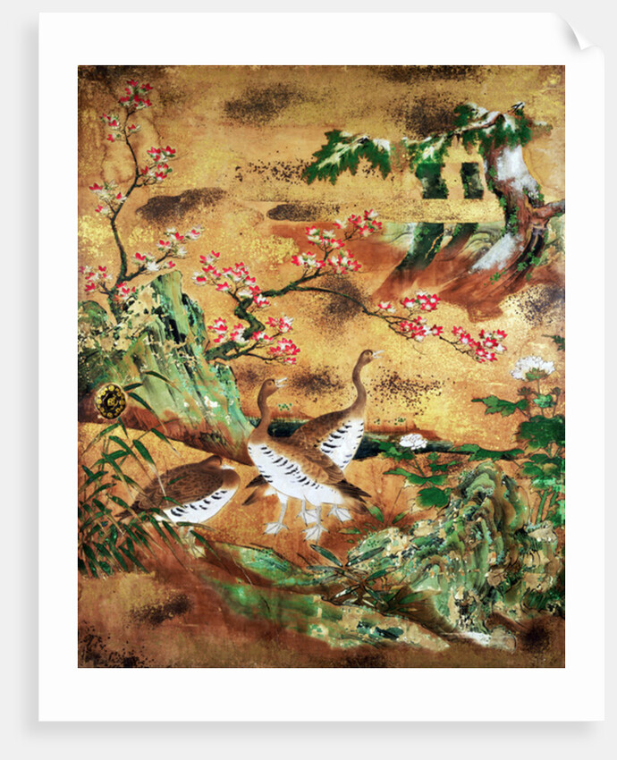 Birds and flowers sliding-door panel by Japanese School
