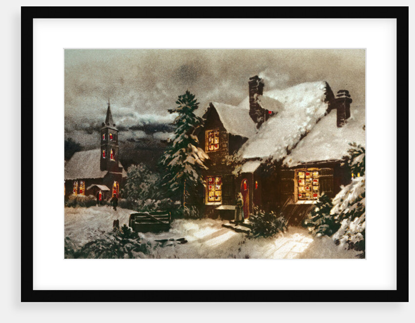 Church and Cottage with Lighted Windows by School English