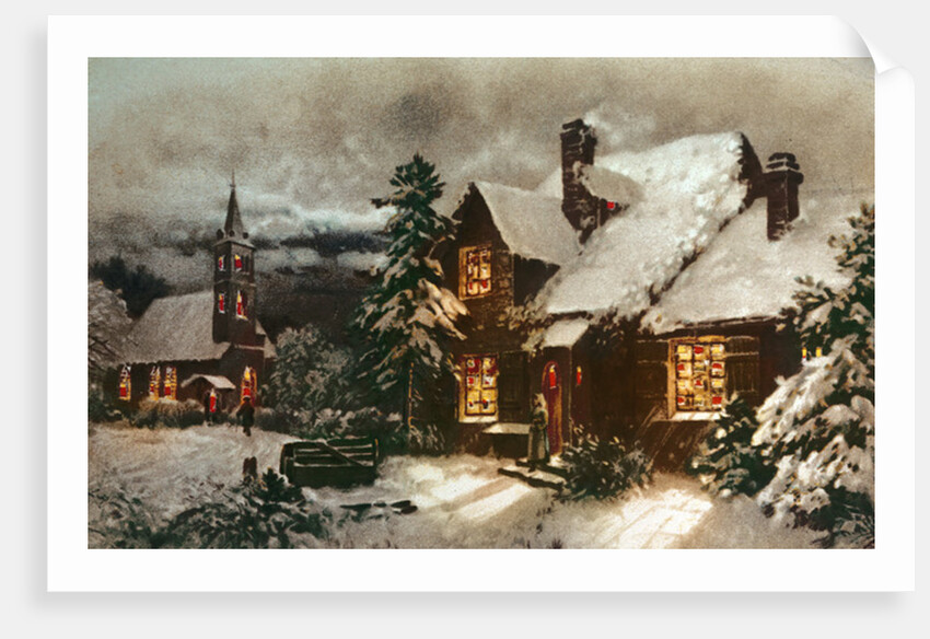 Church and Cottage with Lighted Windows by School English