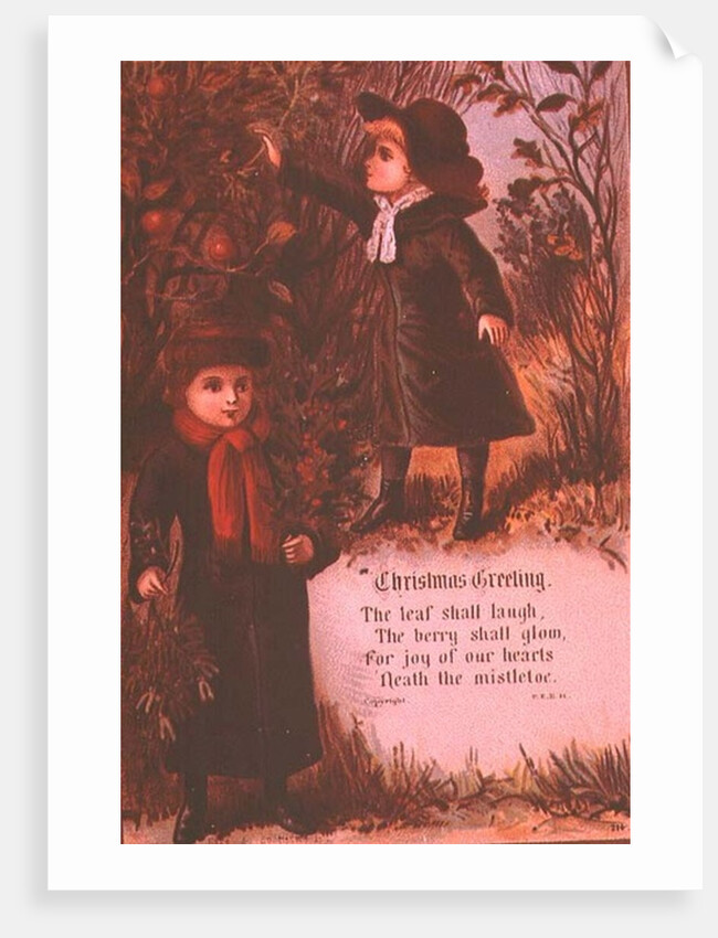 Two Victorian Children Collecting Autumn Berries and Mistletoe by English School