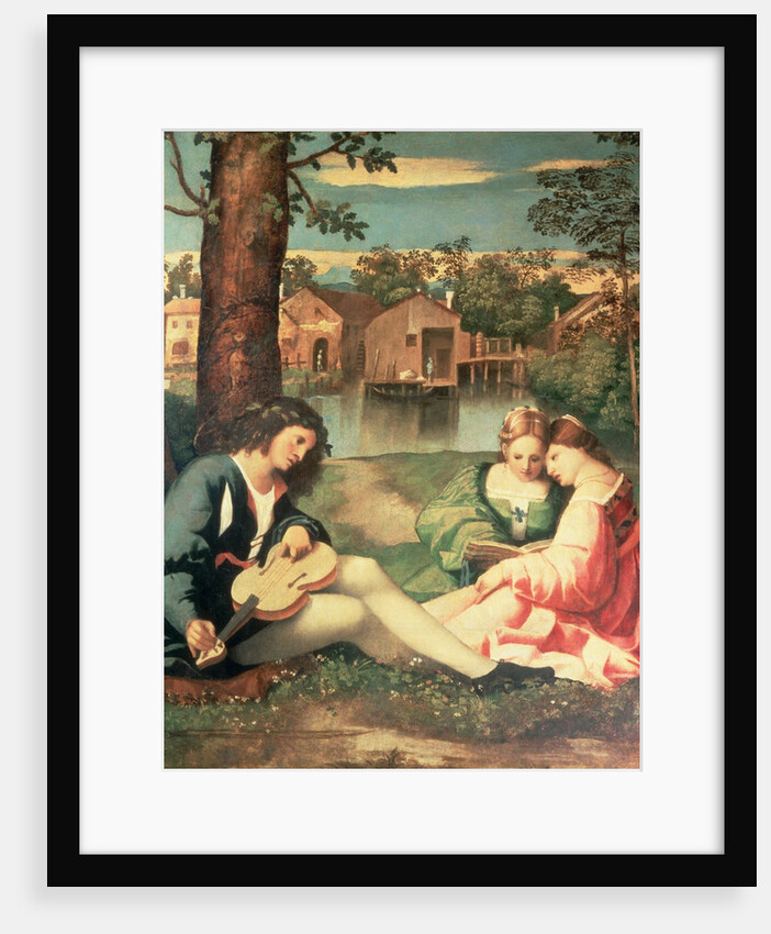 Youth with a guitar and two girls sitting on a river bank by Giorgione