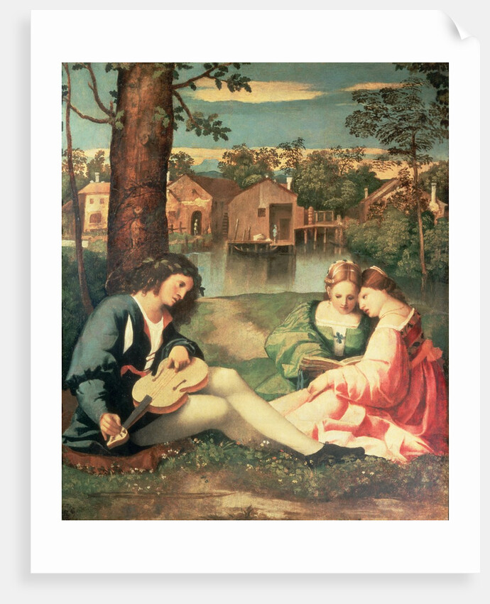 Youth with a guitar and two girls sitting on a river bank by Giorgione