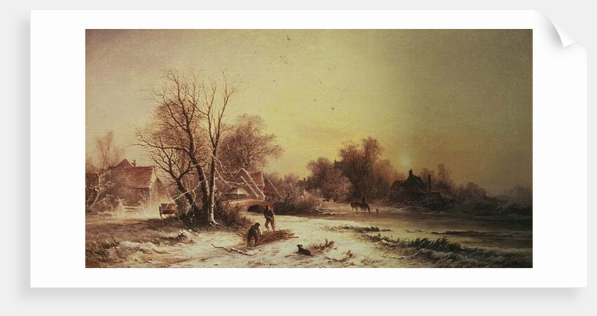 Winter scene: Collecting wood on a river bank by George Augustus Williams