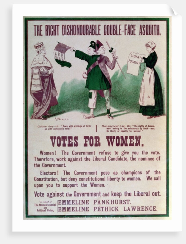 Women's Suffrage Poster 'The Right Dishonourable Double-Face Asquith', c.1910 by English School