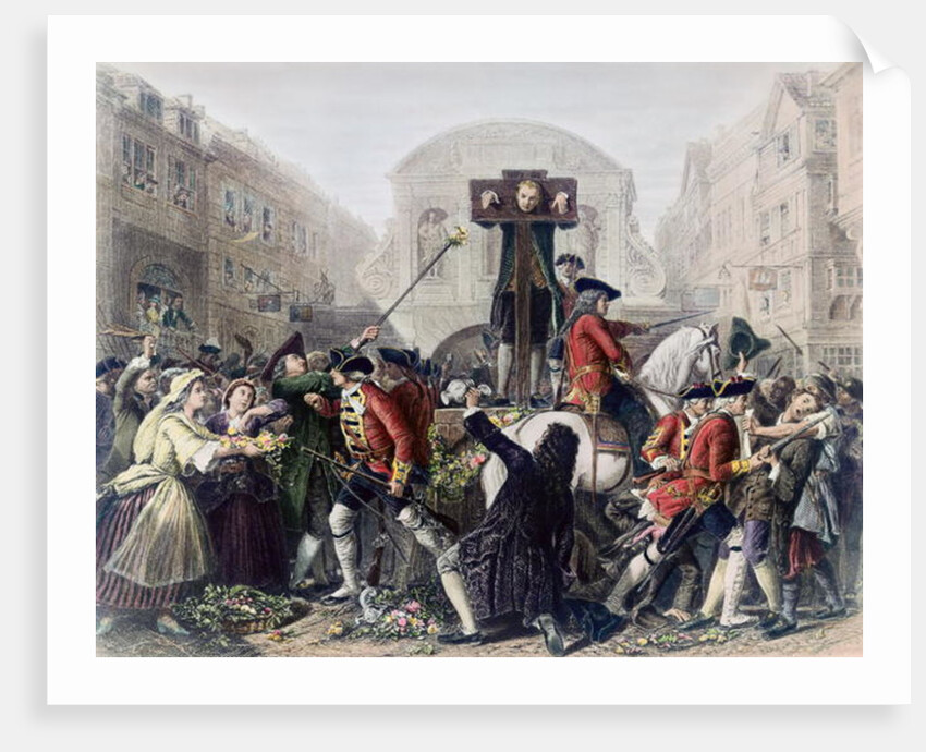View of Daniel Defoe in the pillory at Temple Bar surrounded by a crowd by Eyre (after) Crowe