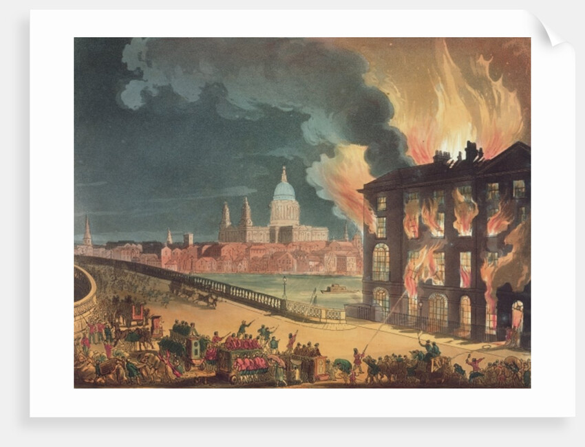 Fire at Albion Mill, Blackfriars Bridge, from Ackermann's 'Microcosm of London' c.1808-11 by T. & Pugin A.C. Rowlandson