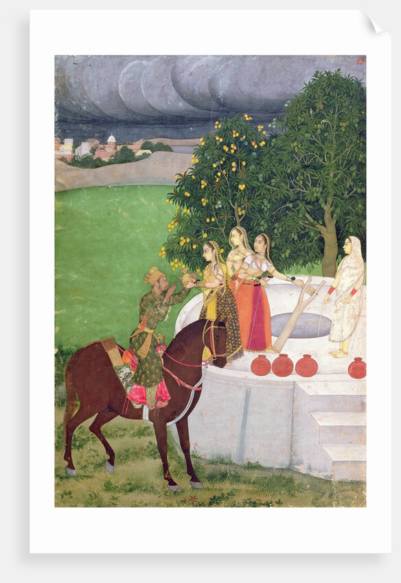 A Prince begging water from women at a well, Mughal, c.1720 by Indian School