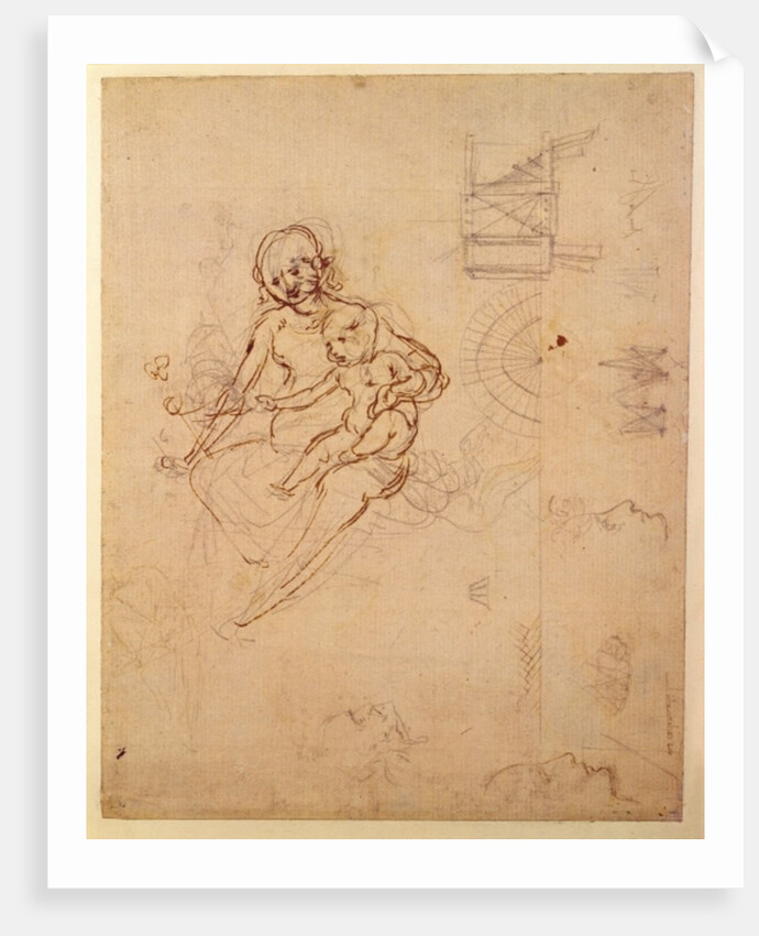 Studies for a Virgin and Child and of Heads in Profile and Machines, c.1478-80 by Leonardo da Vinci