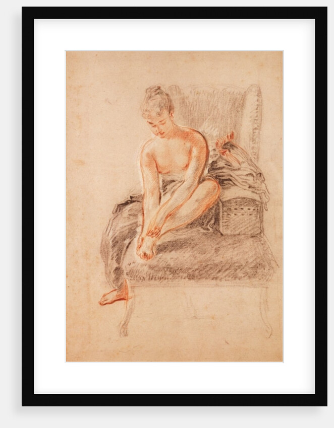 Semi-nude woman seated on a chaise longue, holding her foot by Jean Antoine Watteau