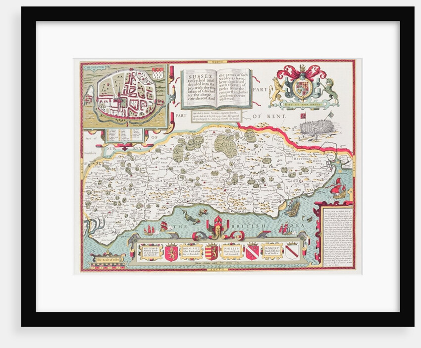 Sussex, engraved by Jodocus Hondius from John Speed's Theatre of the Empire of Great Britain, pub. by John Sudbury and George Humble, 1611-12 by John (after) Speed