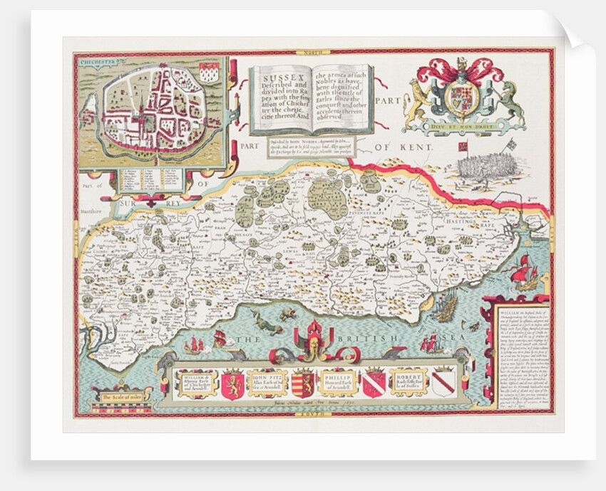 Sussex, engraved by Jodocus Hondius from John Speed's Theatre of the Empire of Great Britain, pub. by John Sudbury and George Humble, 1611-12 by John (after) Speed